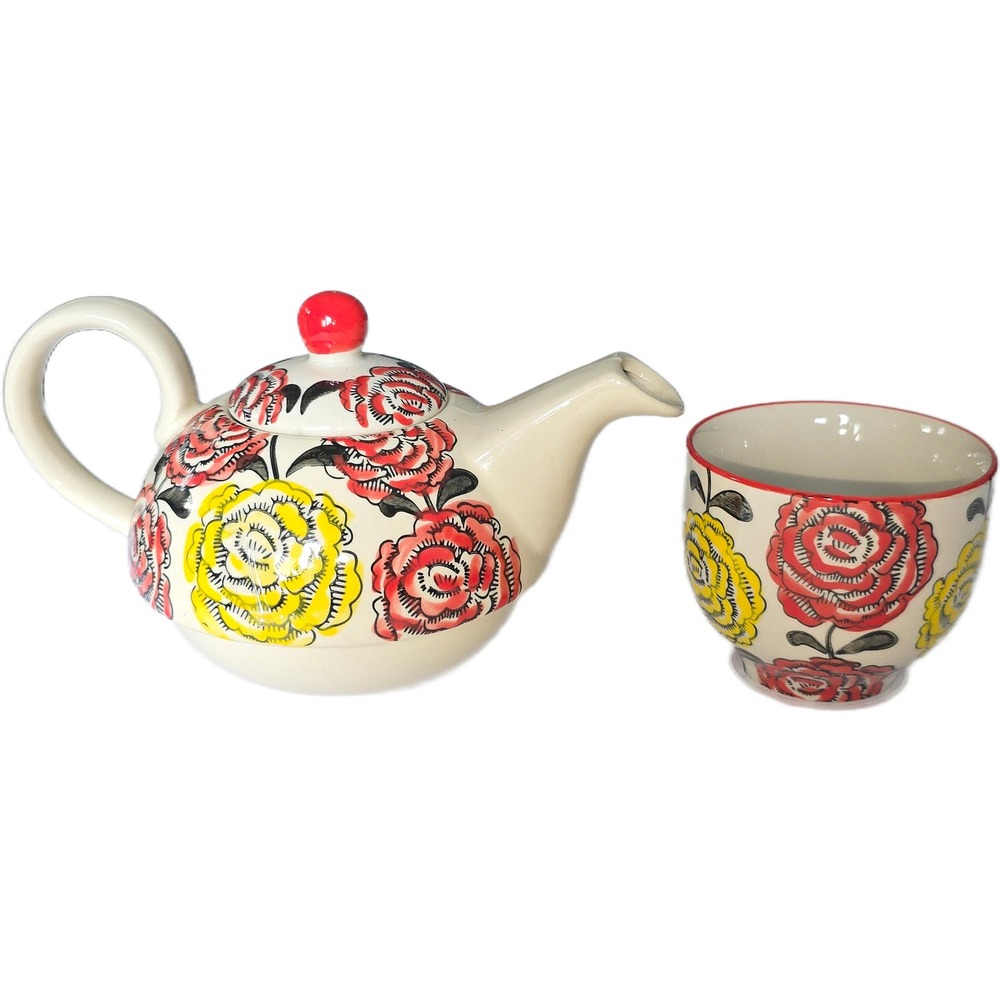 T2 Tea for One Set Ceramic Teapot Cup Infuser Red Yellow Floral Hand Painted